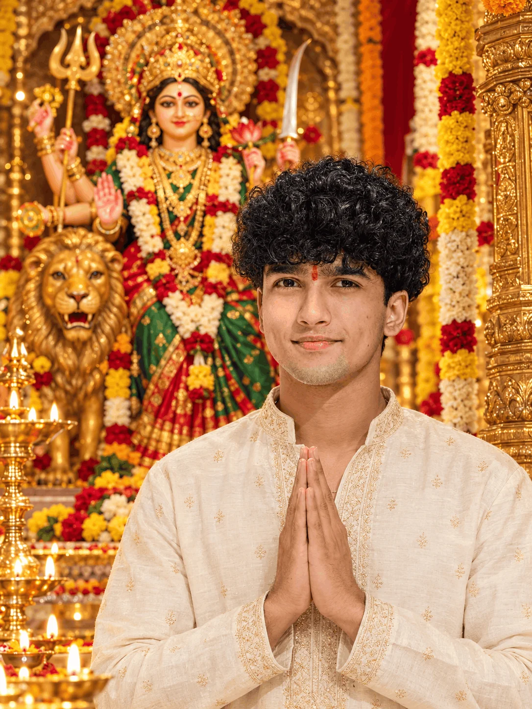 Durga Maa Temple AI Portrait Prompt – Devotee in Cream Embroidered Kurta with Namaste - AI prompt