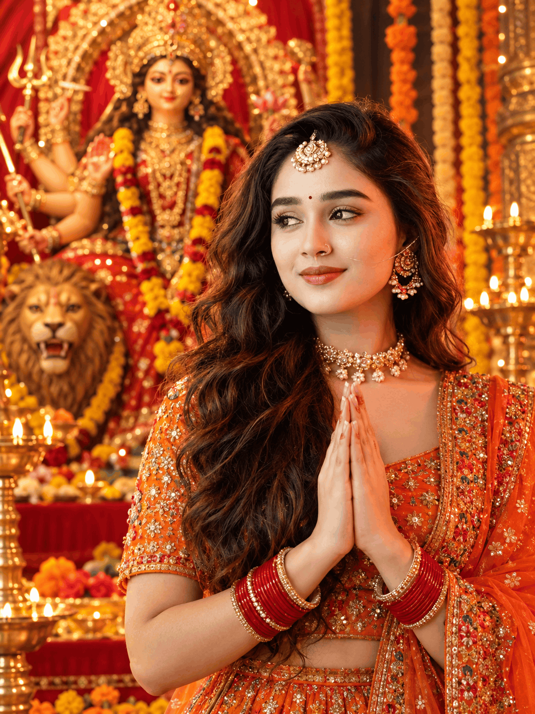 AI Durga Maa Temple Portrait Prompt – Orange Lehenga Navratri Devotee Image