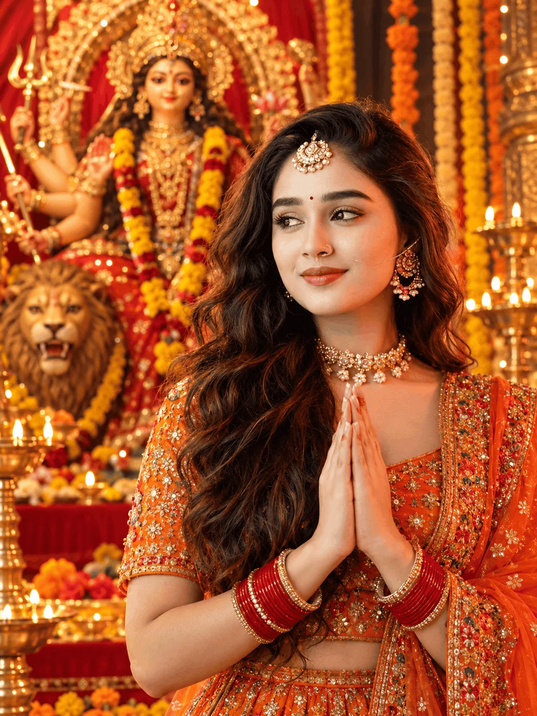 AI Durga Maa Temple Portrait Prompt – Orange Lehenga Navratri Devotee Image