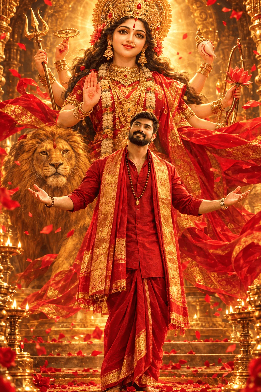 Durga Maa AI Devotional Portrait – Red and Gold Divine Worship Scene