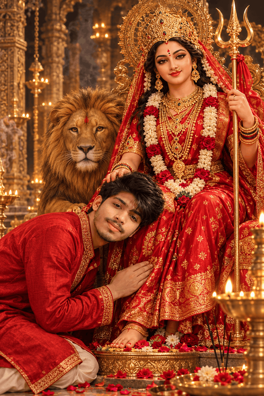AI Durga Maa Blessing Devotee – Realistic Red and Gold Temple Portrait