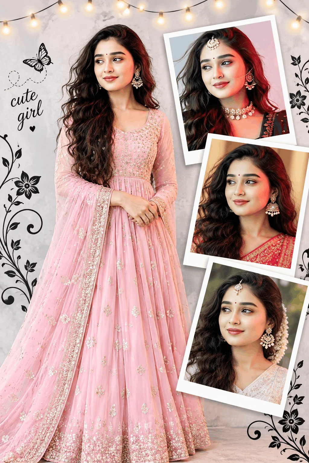 Elegant Pink Anarkali Girl Portrait Collage AI Image with Polaroid Frames