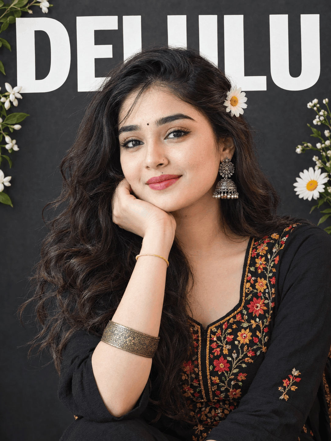 AI Girl Portrait with DELULU Typography – Black Embroidered Kurti Photo Prompt