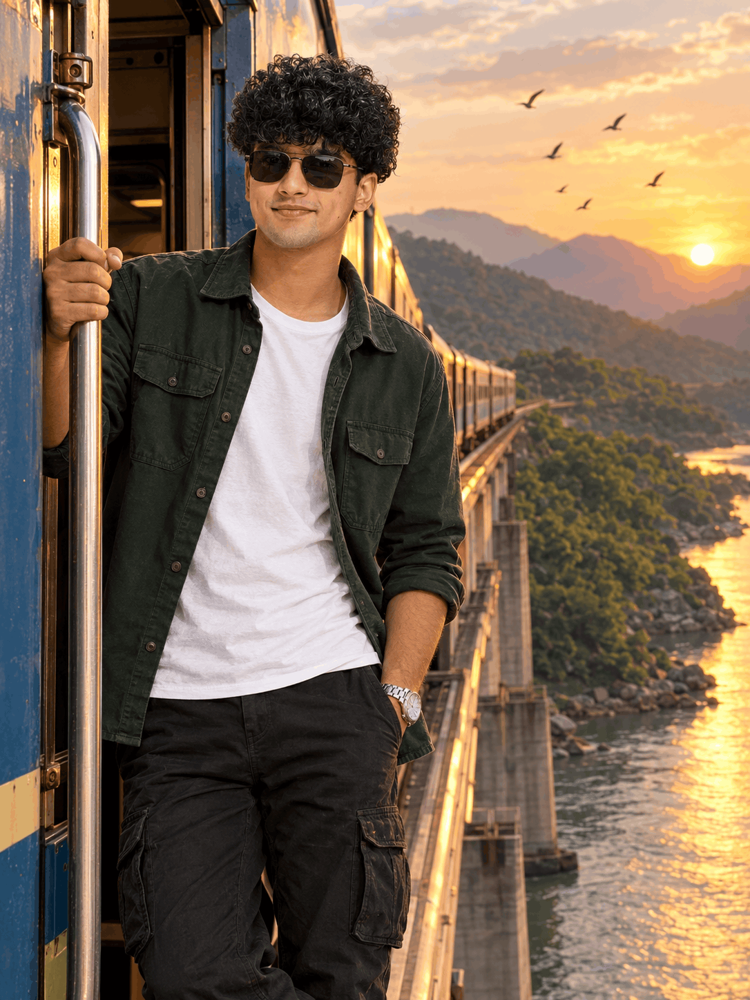Cinematic AI Train Journey Portrait at Golden Hour with Mountain River Views