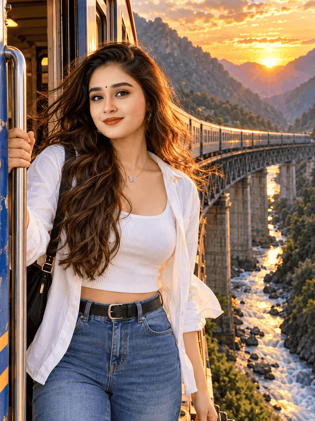 AI Mountain Train Journey Portrait at Golden Sunset – Cinematic Travel Photo Prompt