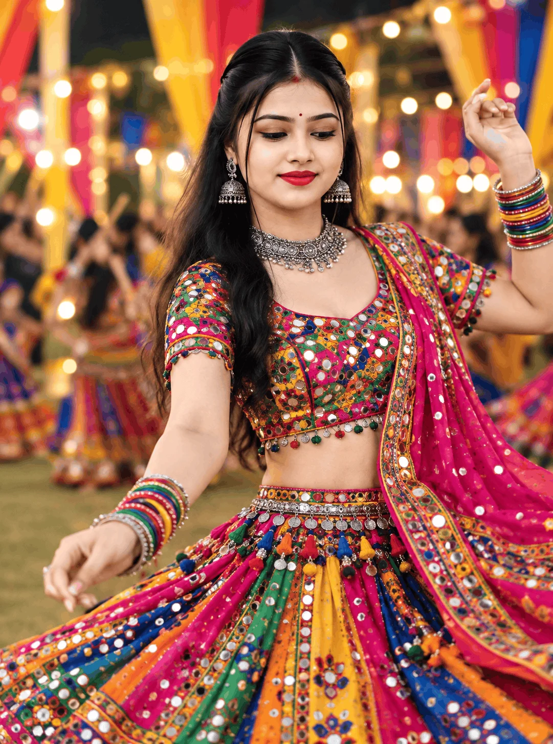 Vibrant Navratri Garba Dancer AI Portrait in Colorful Mirror Work Chaniya Choli - AI prompt