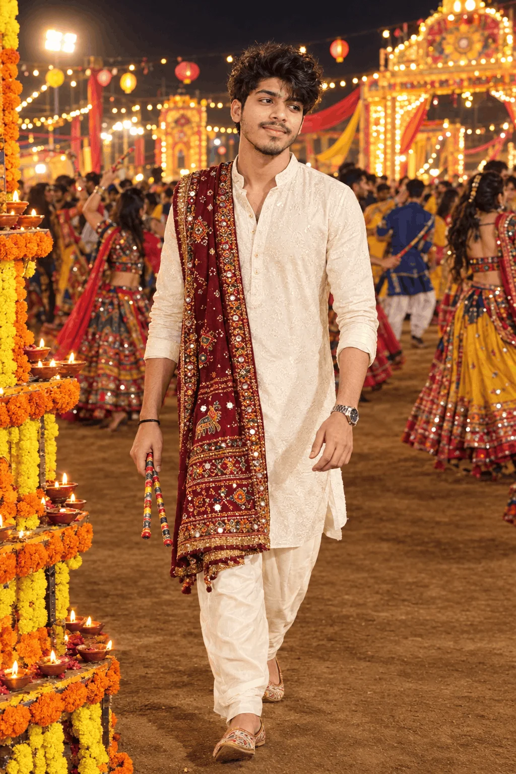 Dandiya Raas AI Portrait Prompt with Maroon Gujarati Stole - AI prompt