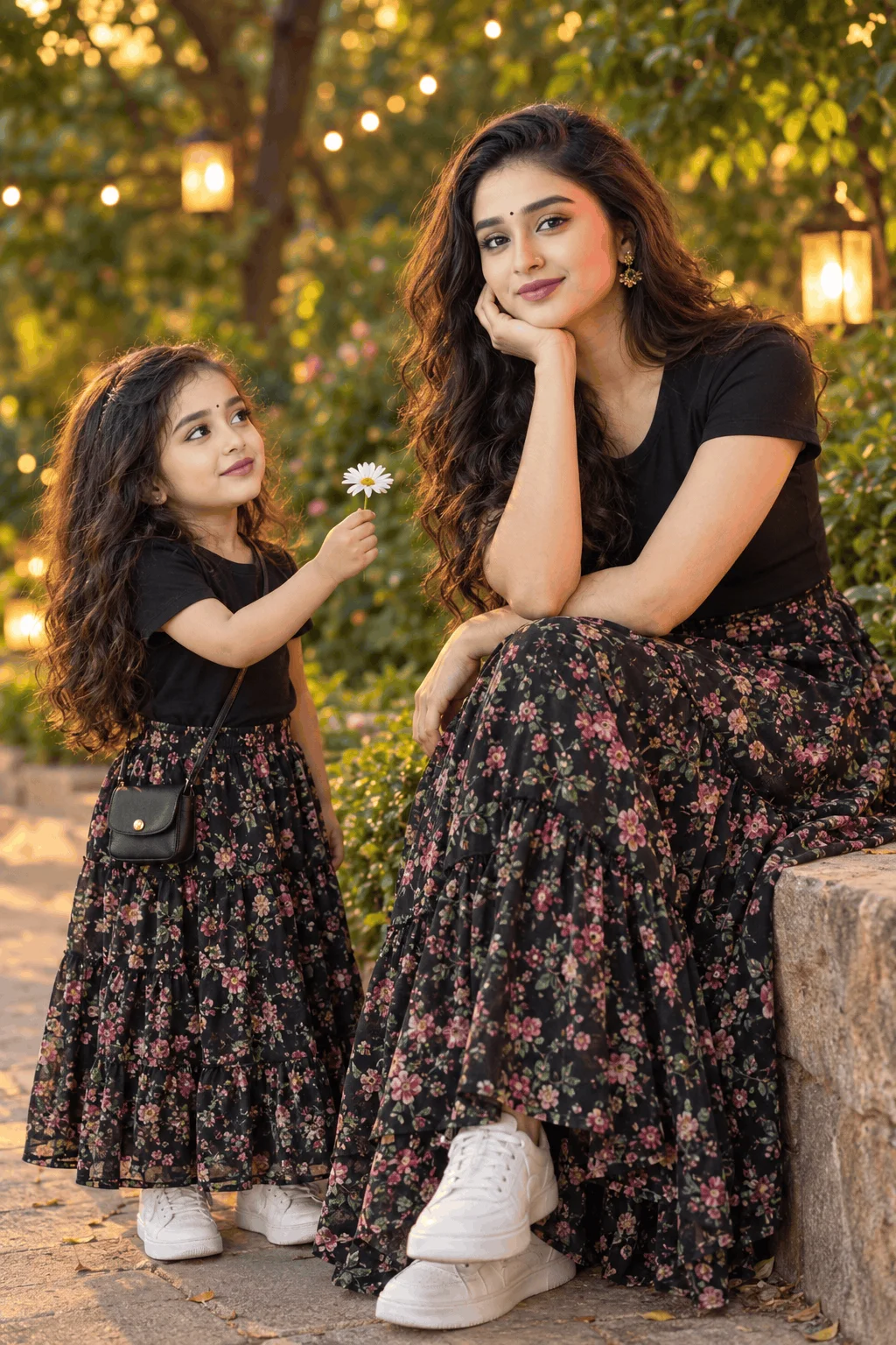 Mother Daughter AI Portrait Prompt in a Glowing Garden
