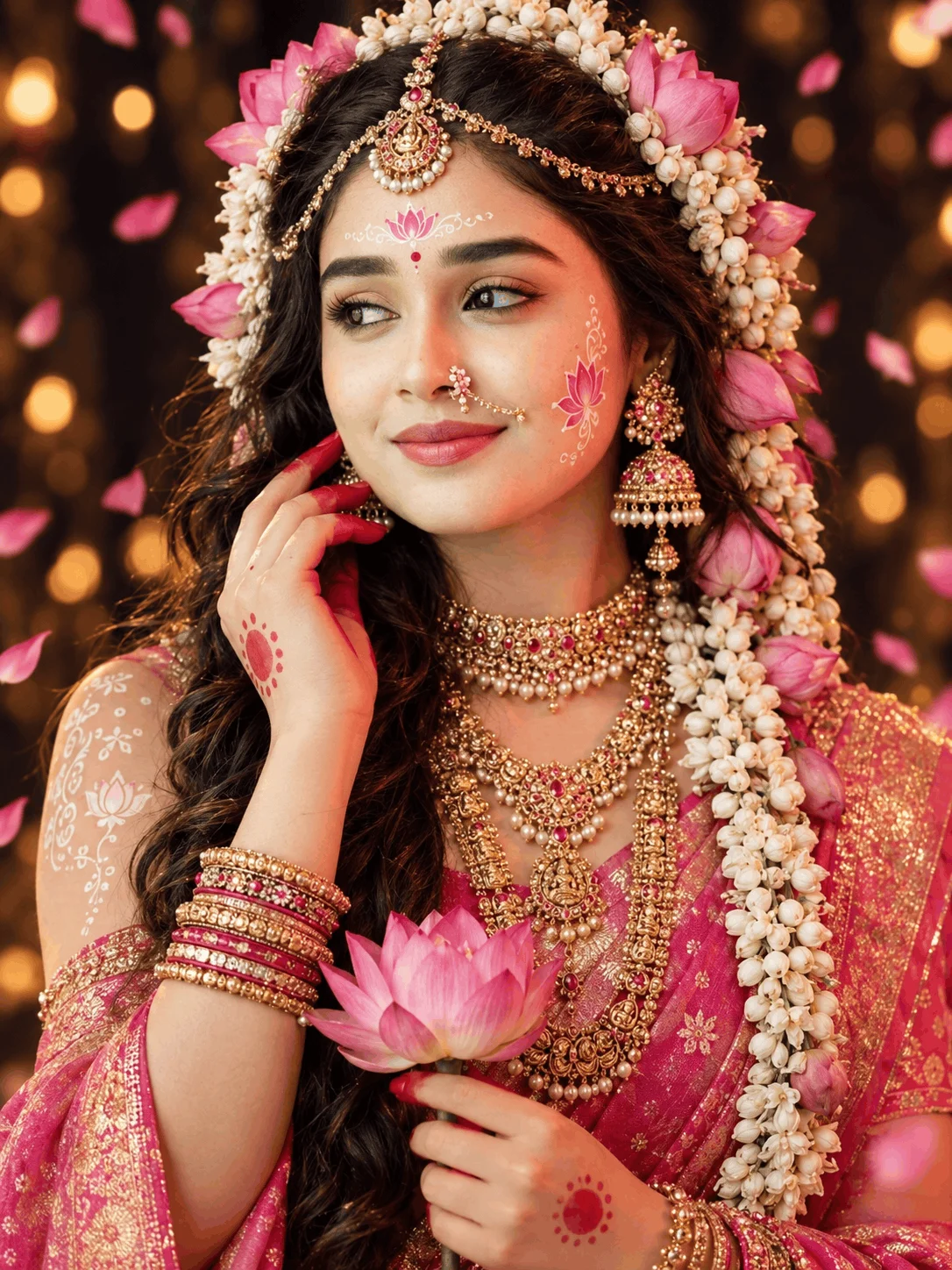 AI Portrait Prompt for Pink Saree Goddess Lakshmi Look