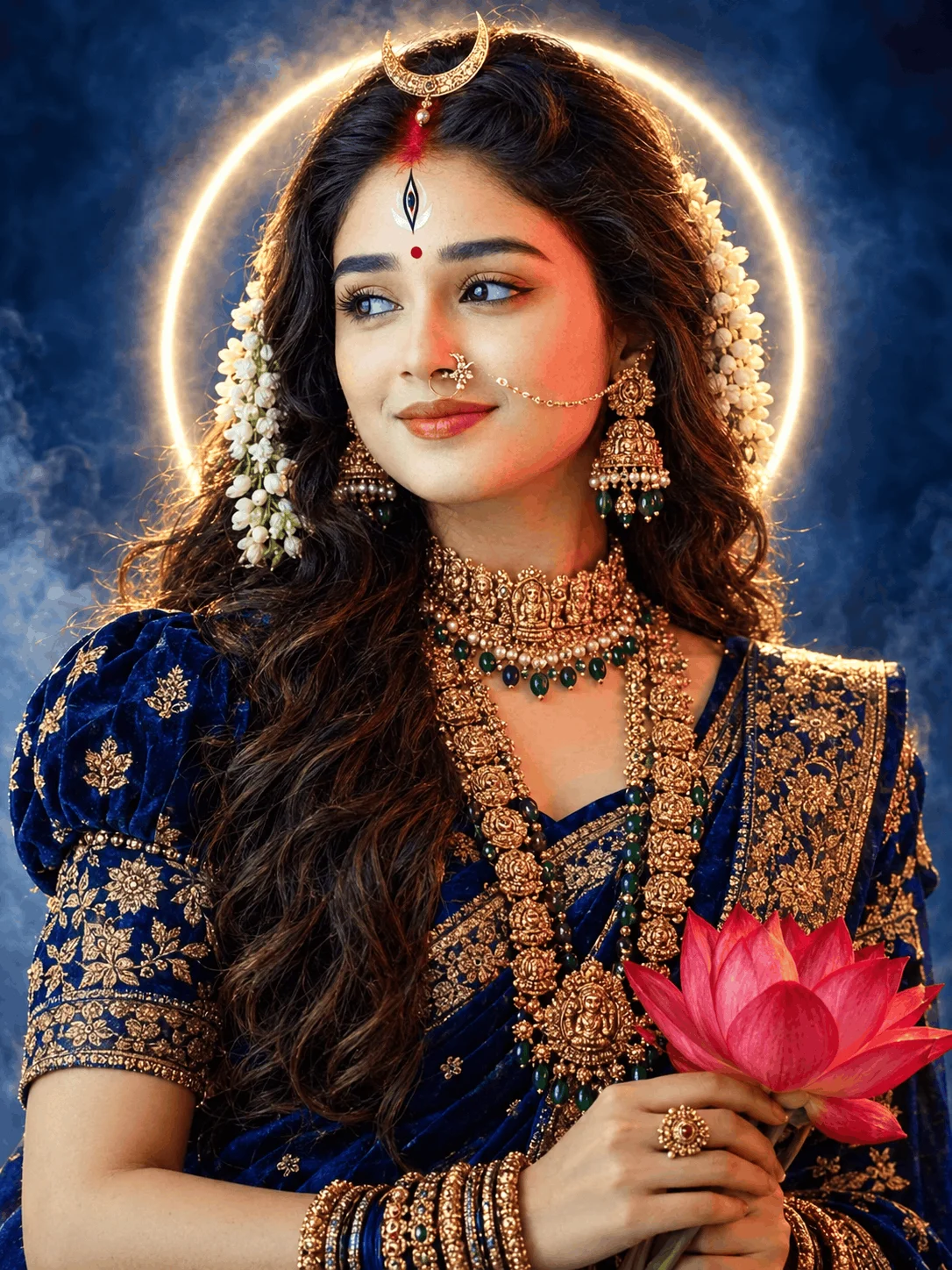 Ma Durga AI Portrait Prompt in Royal Blue and Gold Saree - AI prompt