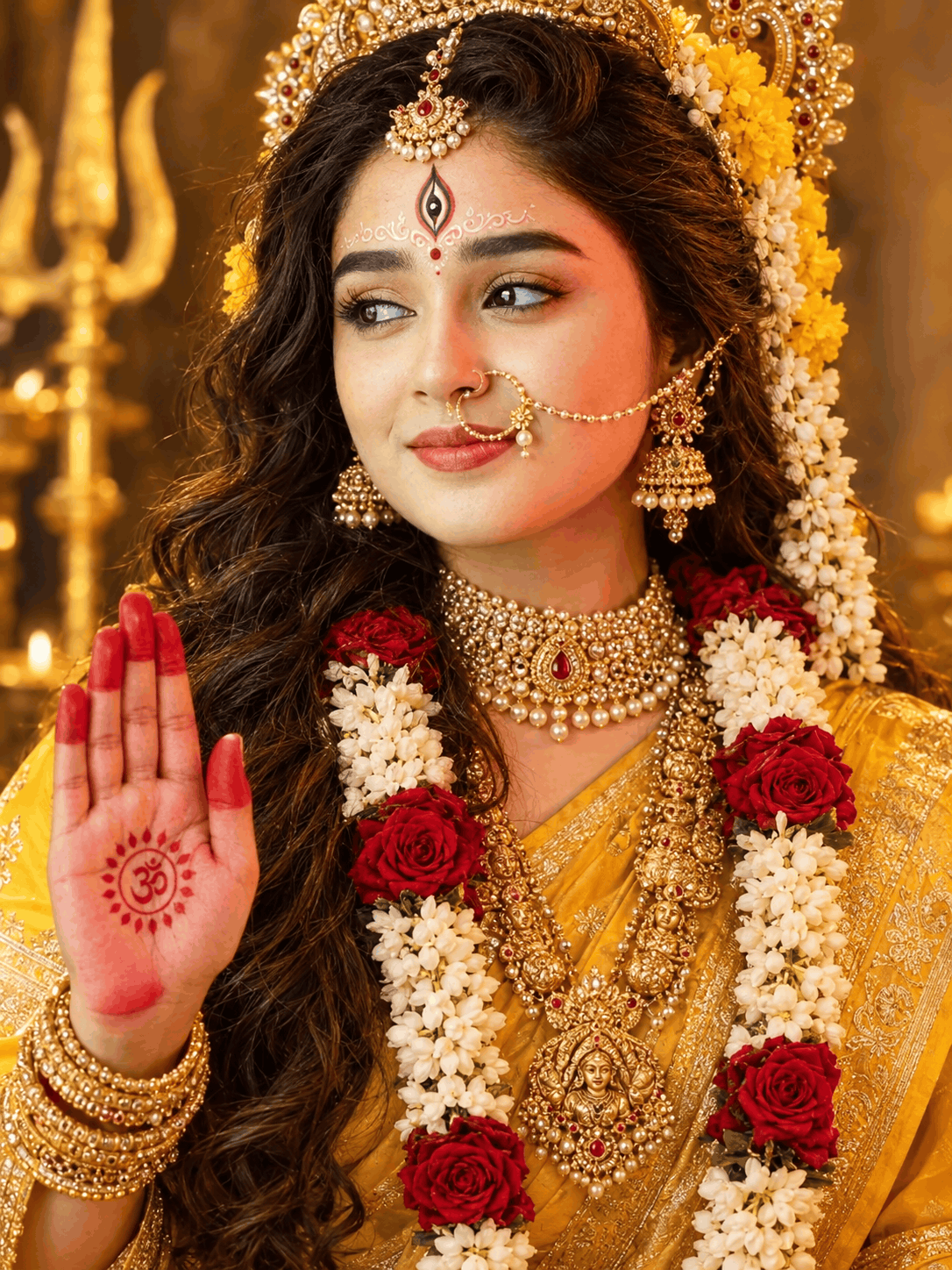 Goddess Durga AI Portrait Prompt in Golden Yellow Saree