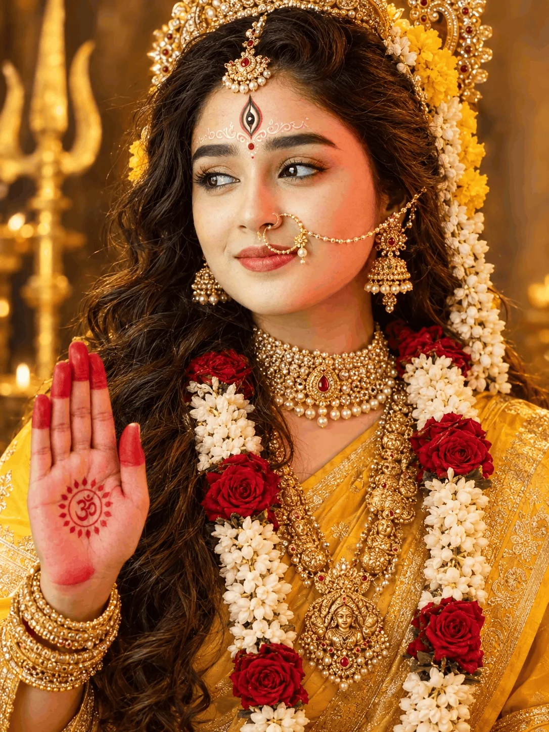Goddess Durga AI Portrait Prompt in Golden Yellow Saree