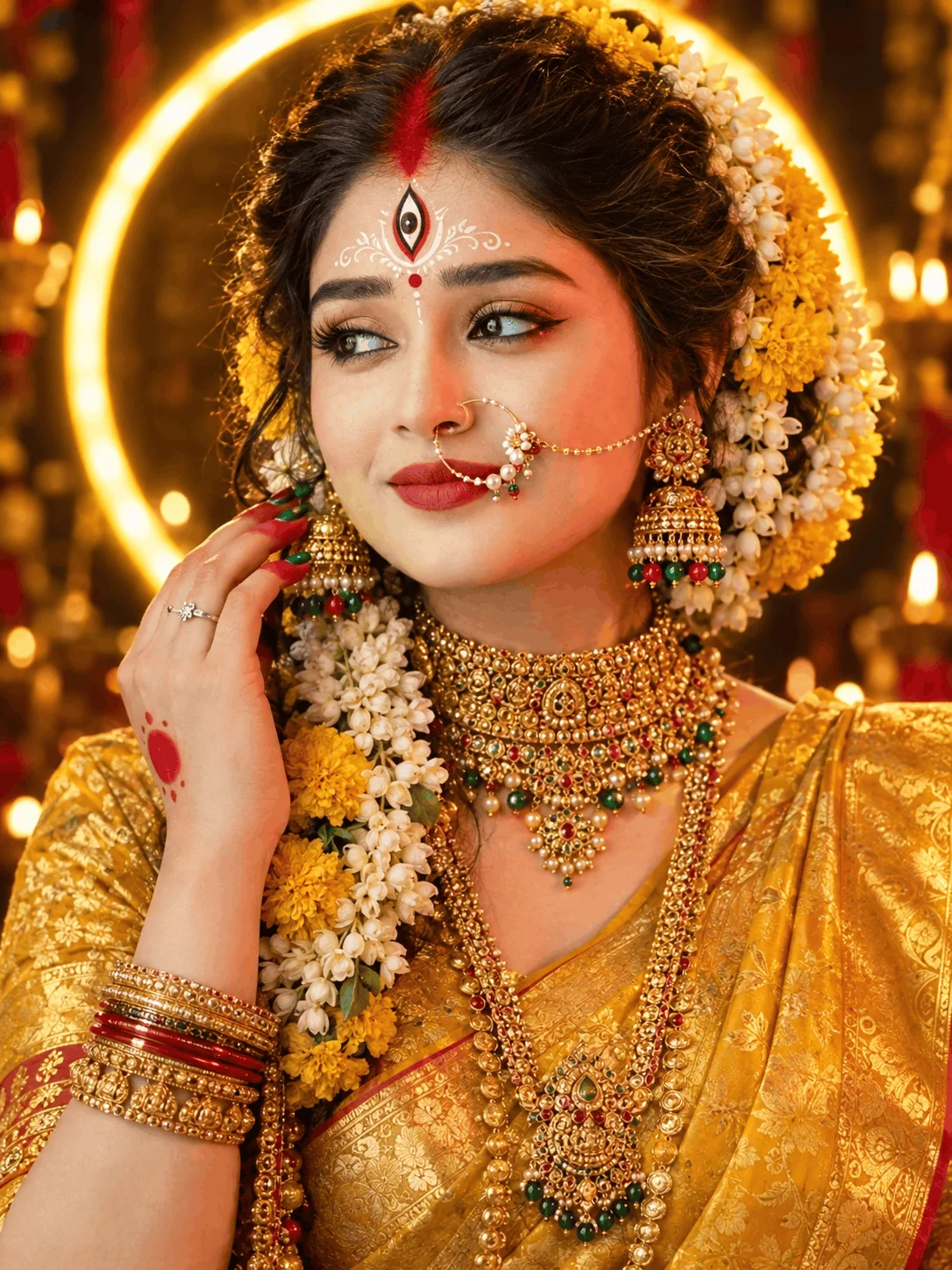 AI Portrait Prompt for Maa Durga in Golden Saree