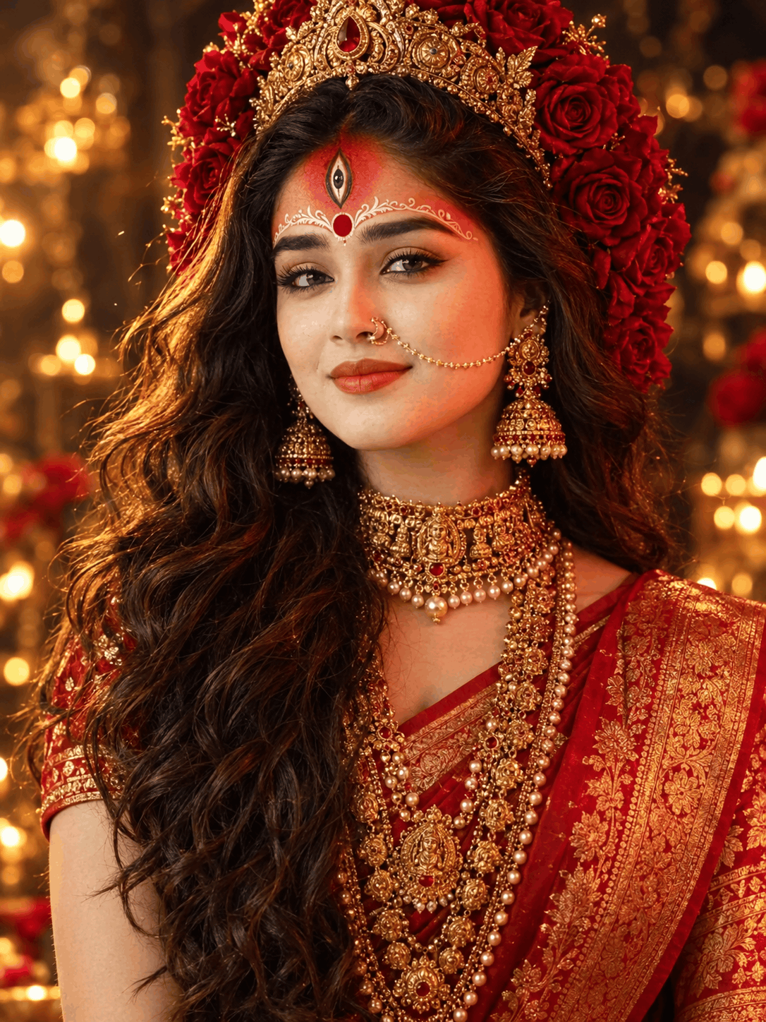 Goddess Durga AI Portrait Prompt with Red Roses and Gold