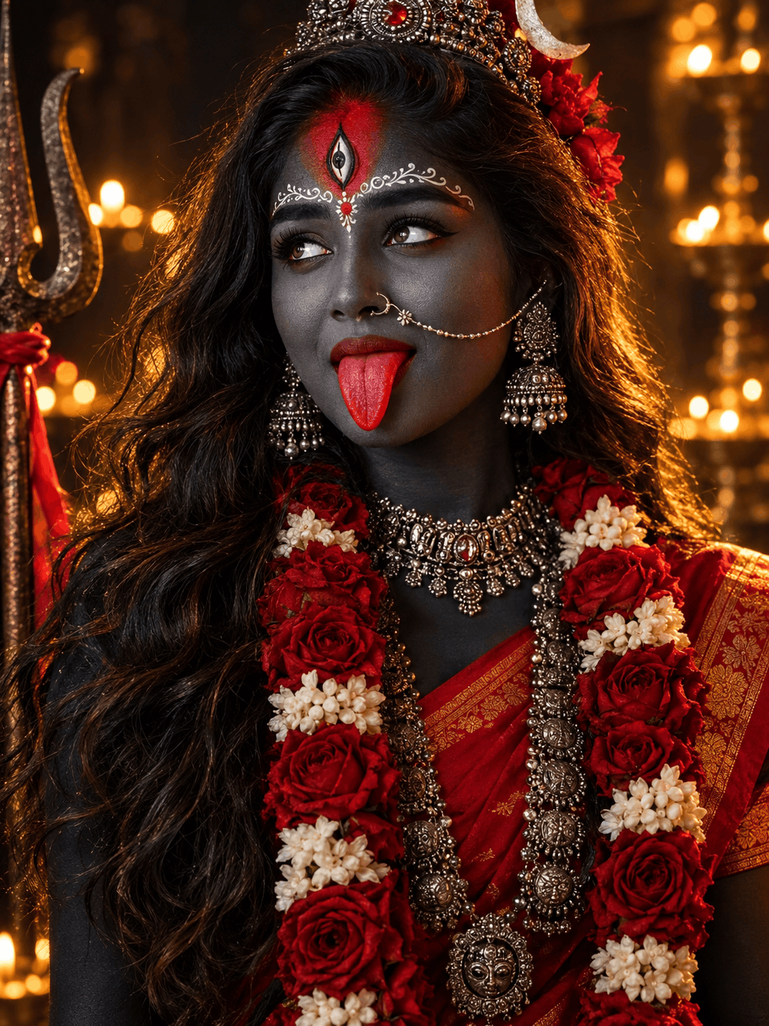 Maa Kali AI Portrait Prompt with Red Sari and Roses