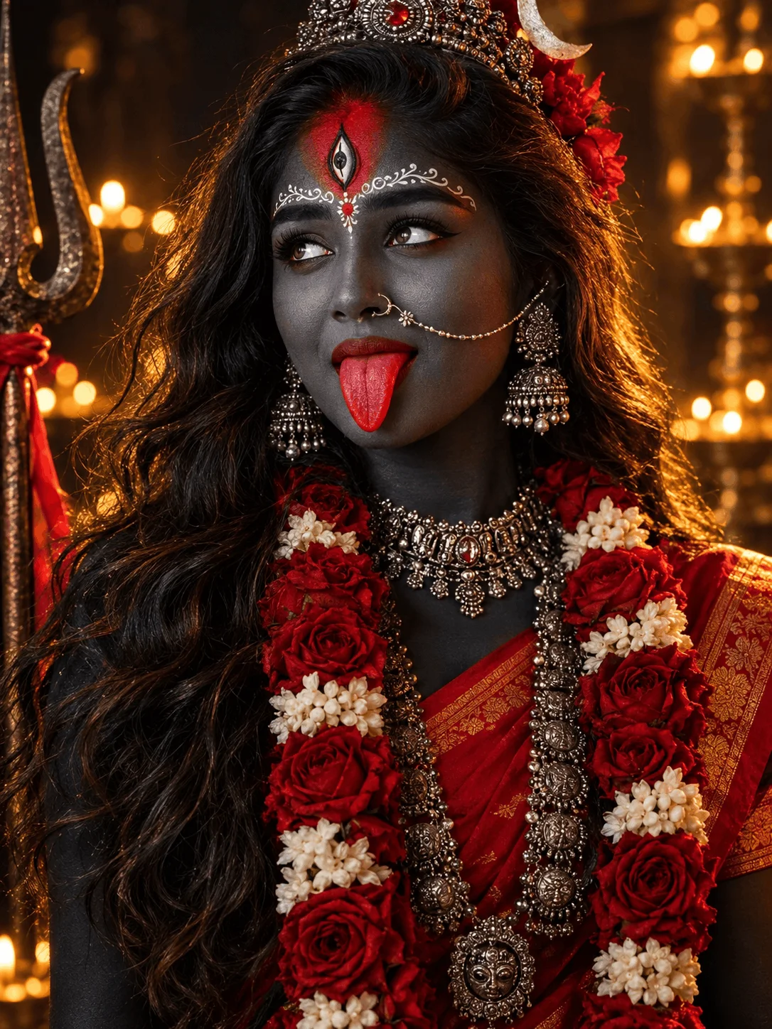 Maa Kali AI Portrait Prompt with Red Sari and Roses - AI prompt