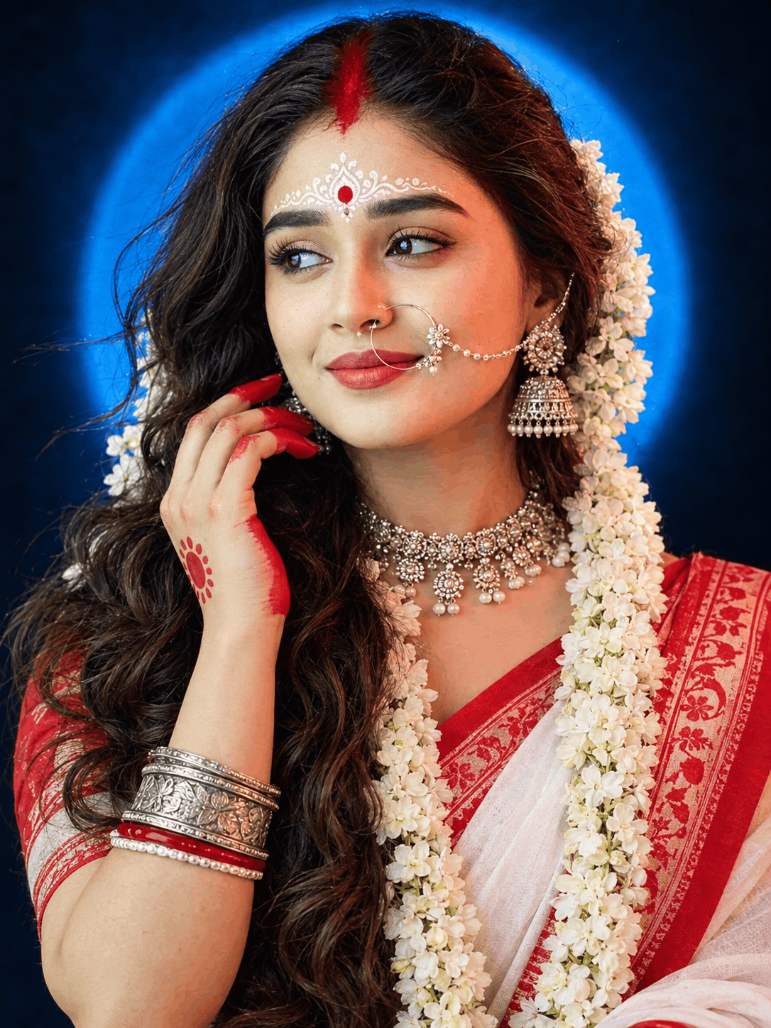 Bengali Durga Puja AI Portrait Prompt with Blue Halo Glow