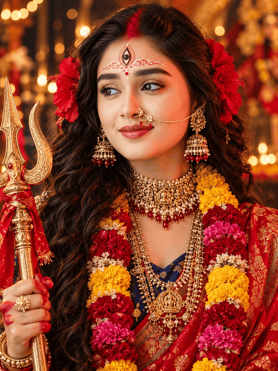 Durga Maa AI Portrait Prompt with Red Saree and Trishul