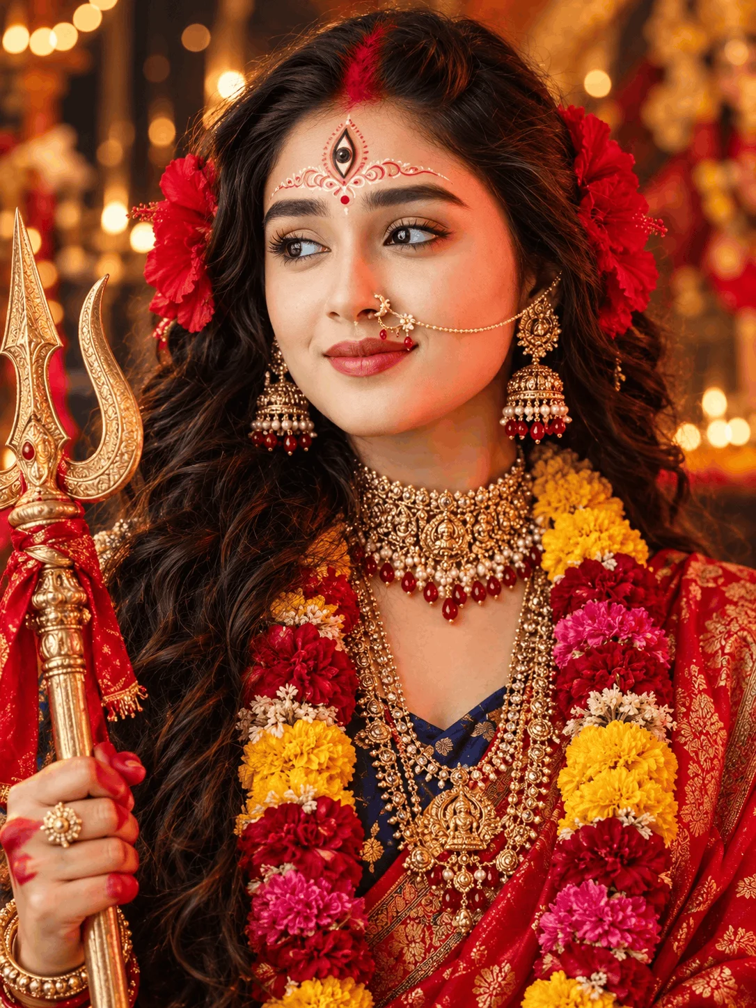 Durga Maa AI Portrait Prompt with Red Saree and Trishul - AI prompt