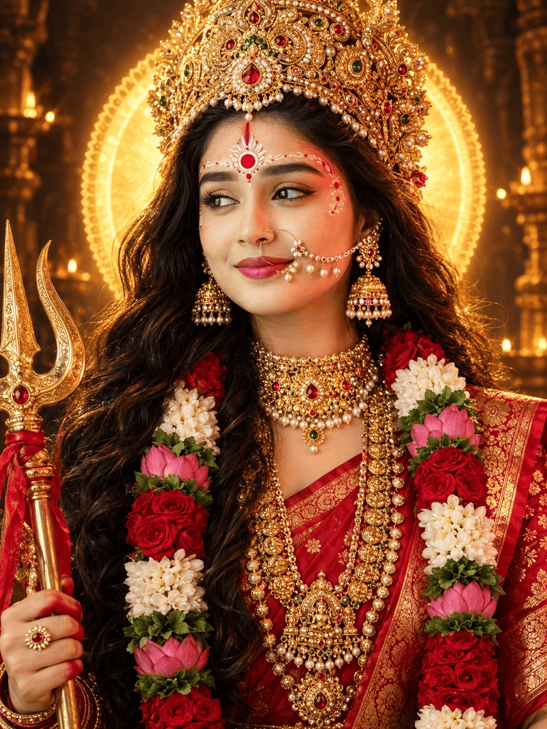 Maa Durga AI Portrait Prompt with Golden Halo and Red Saree