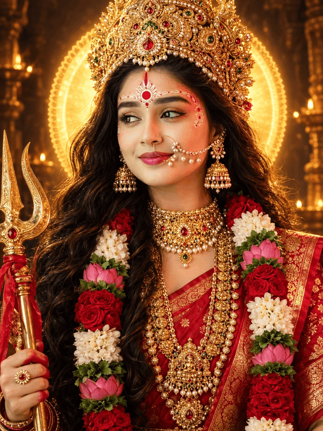 Maa Durga AI Portrait Prompt with Golden Halo and Red Saree - AI prompt