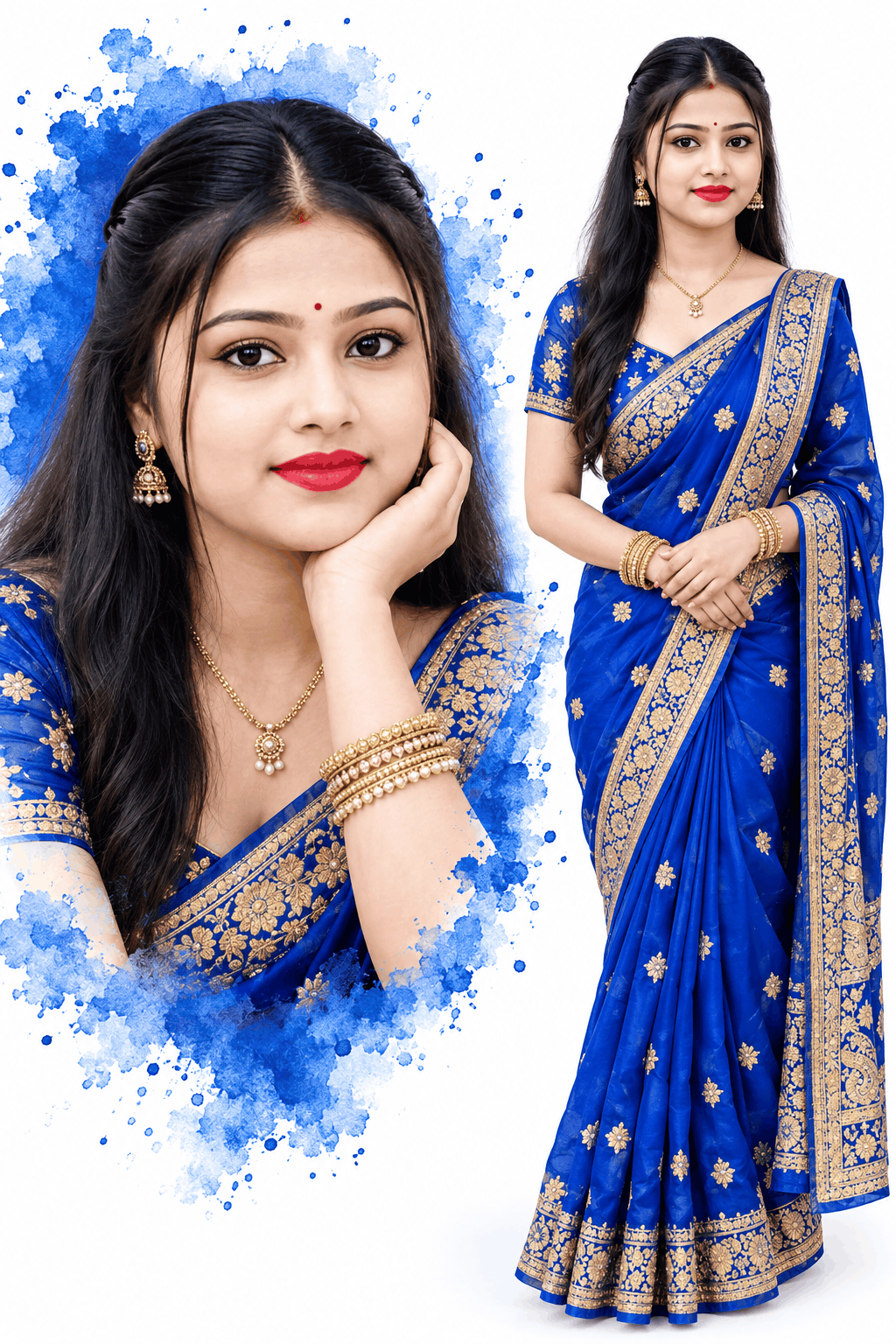 AI Portrait Prompt for a Royal Blue Saree Collage