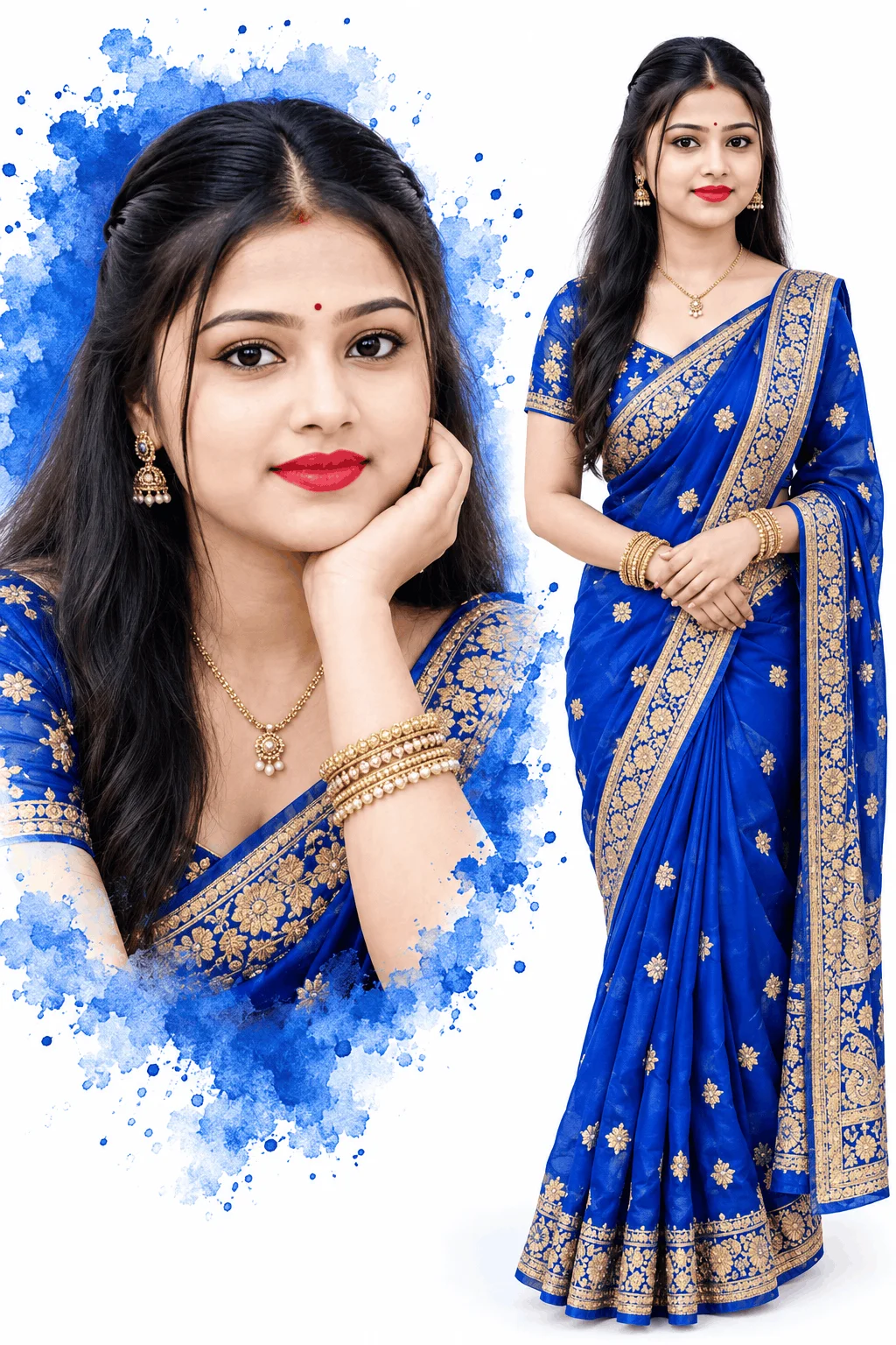 AI Portrait Prompt for a Royal Blue Saree Collage