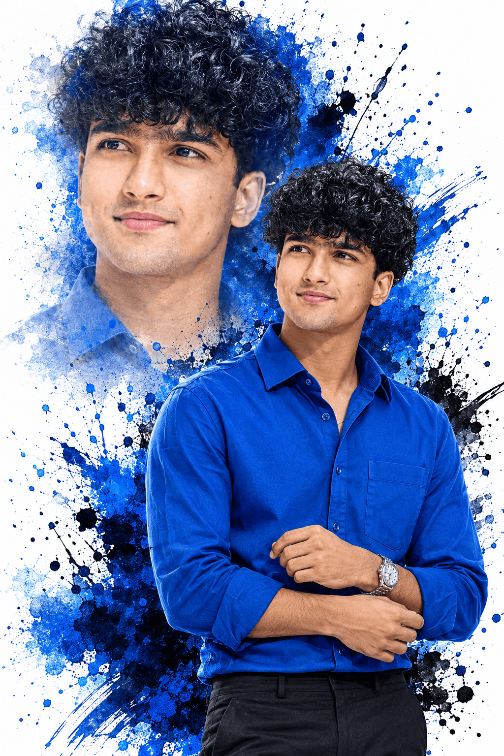 Double Exposure AI Portrait Prompt with Blue Paint Splashes