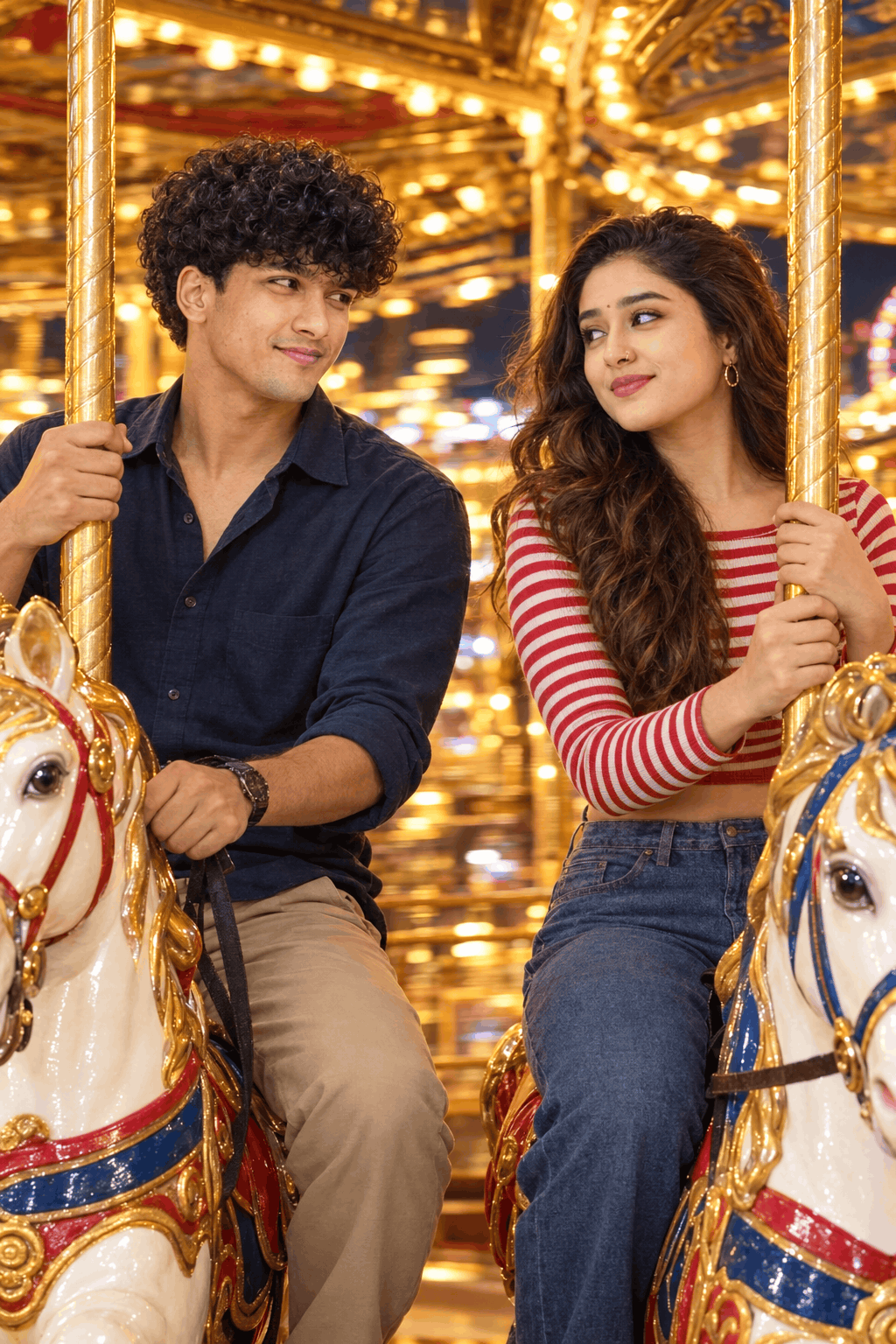 Realistic Couple Photo Prompt for a Golden Carousel