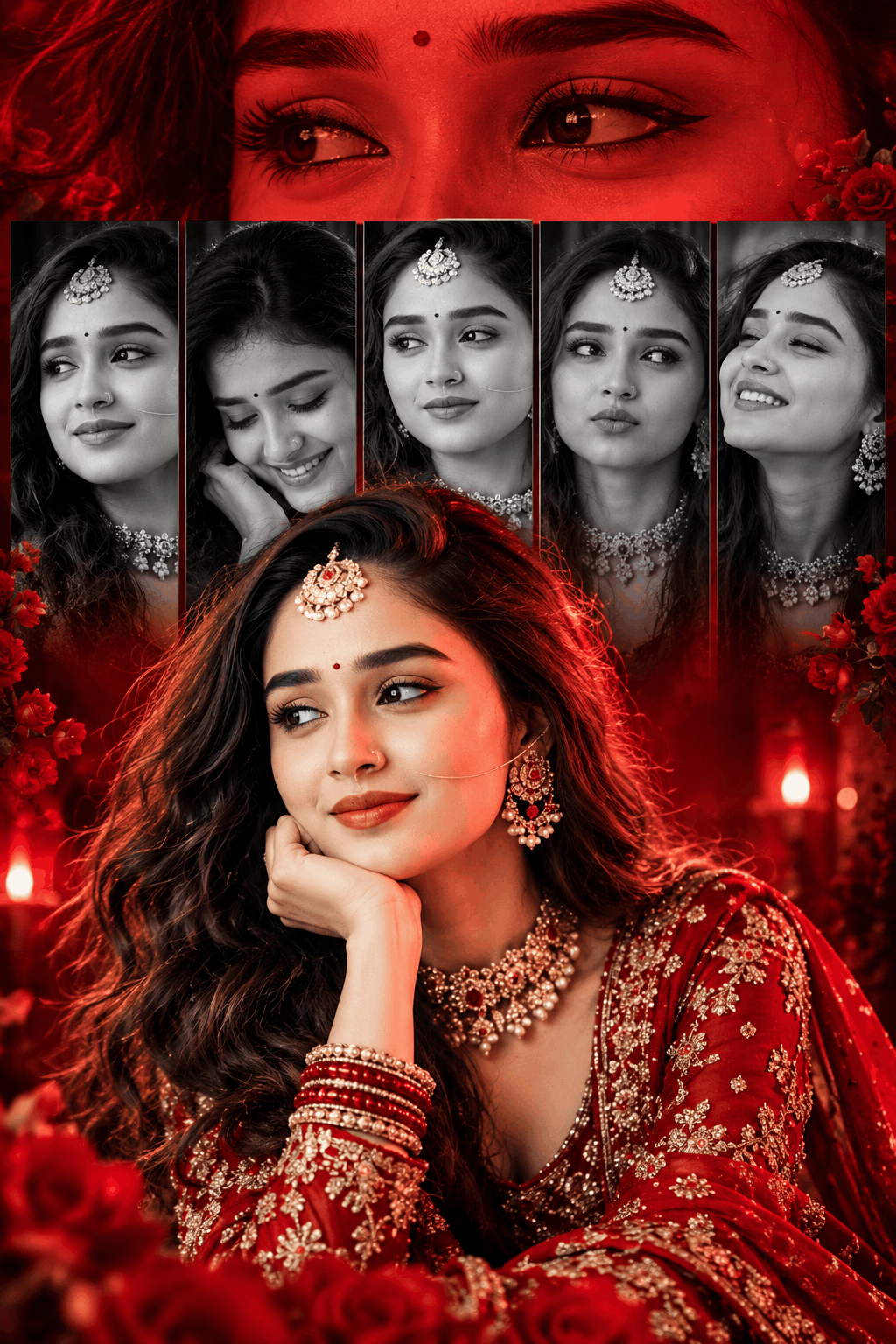 AI Portrait Prompt for a Dramatic Red Bridal Collage
