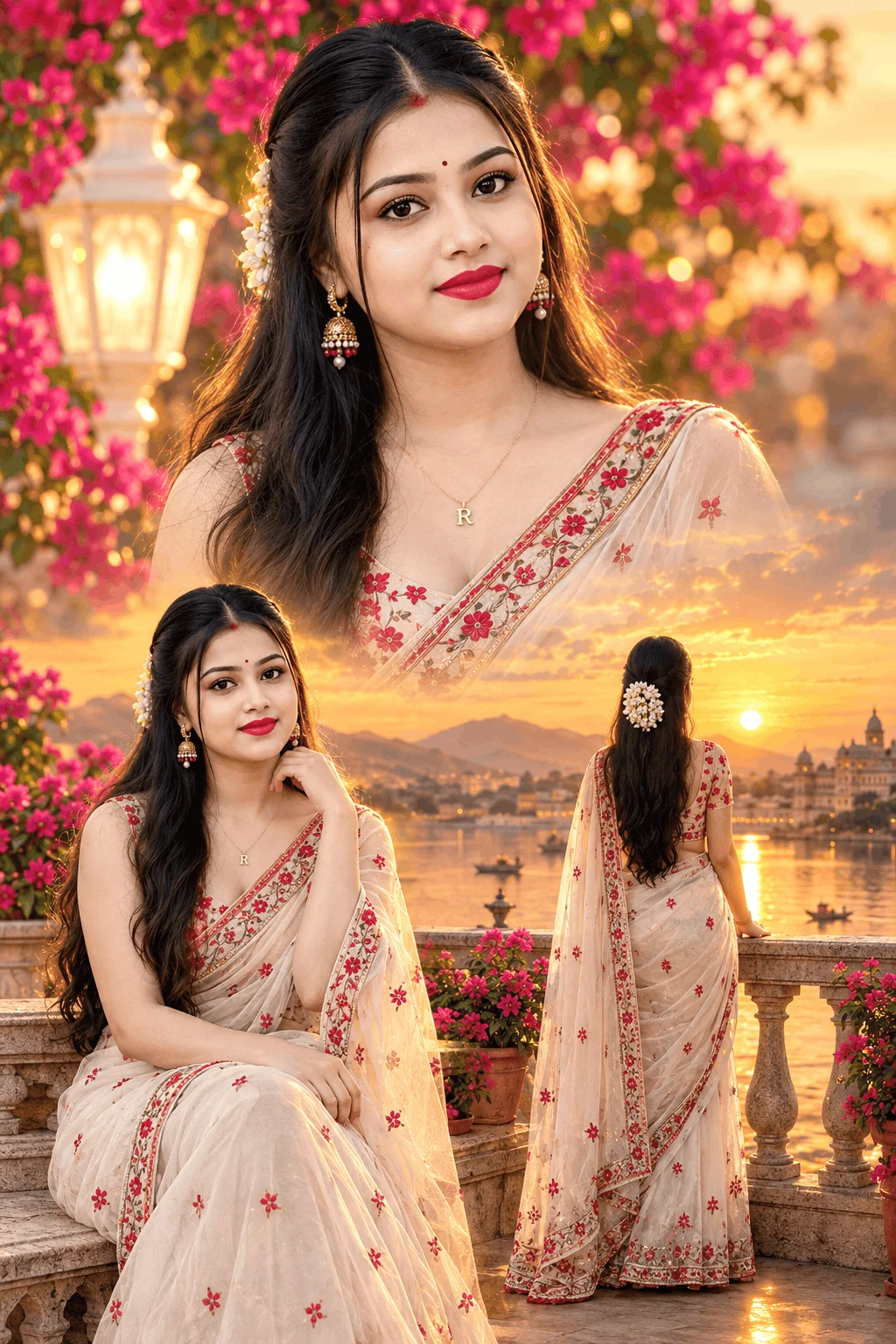 AI Portrait Prompt for a Sunset Saree Collage
