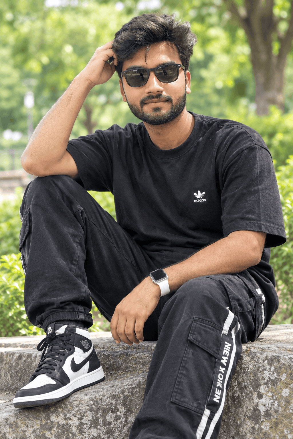 Realistic AI Portrait Prompt for a Black Outfit in a Green Park