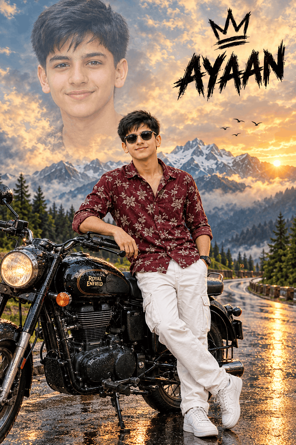 Motorcycle AI Portrait Prompt with Golden Mountain Views