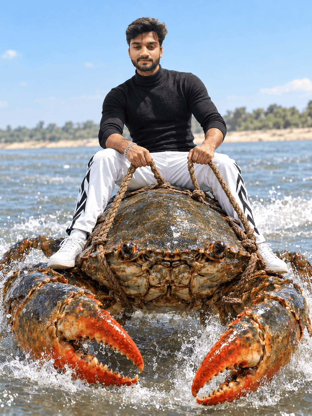 AI Photo Prompt Riding a Giant Crab in a Blue River