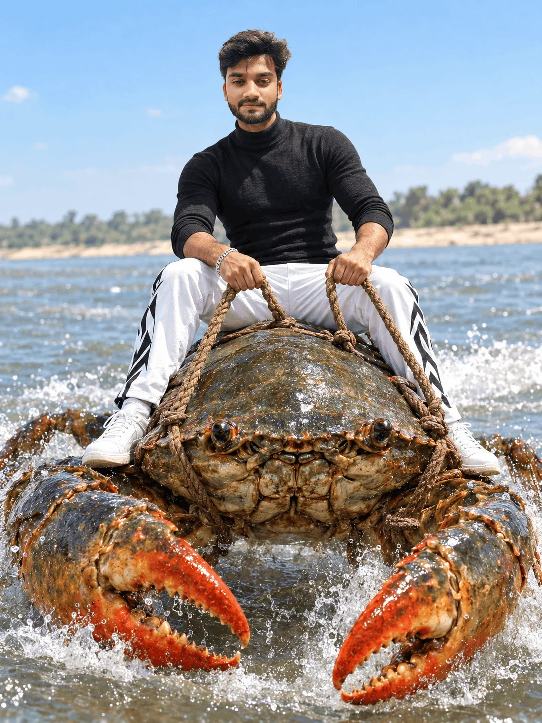 AI Photo Prompt Riding a Giant Crab in a Blue River