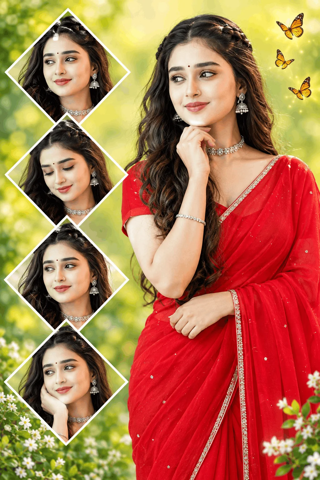 AI Portrait Prompt for Red Saree Garden Collage - AI prompt