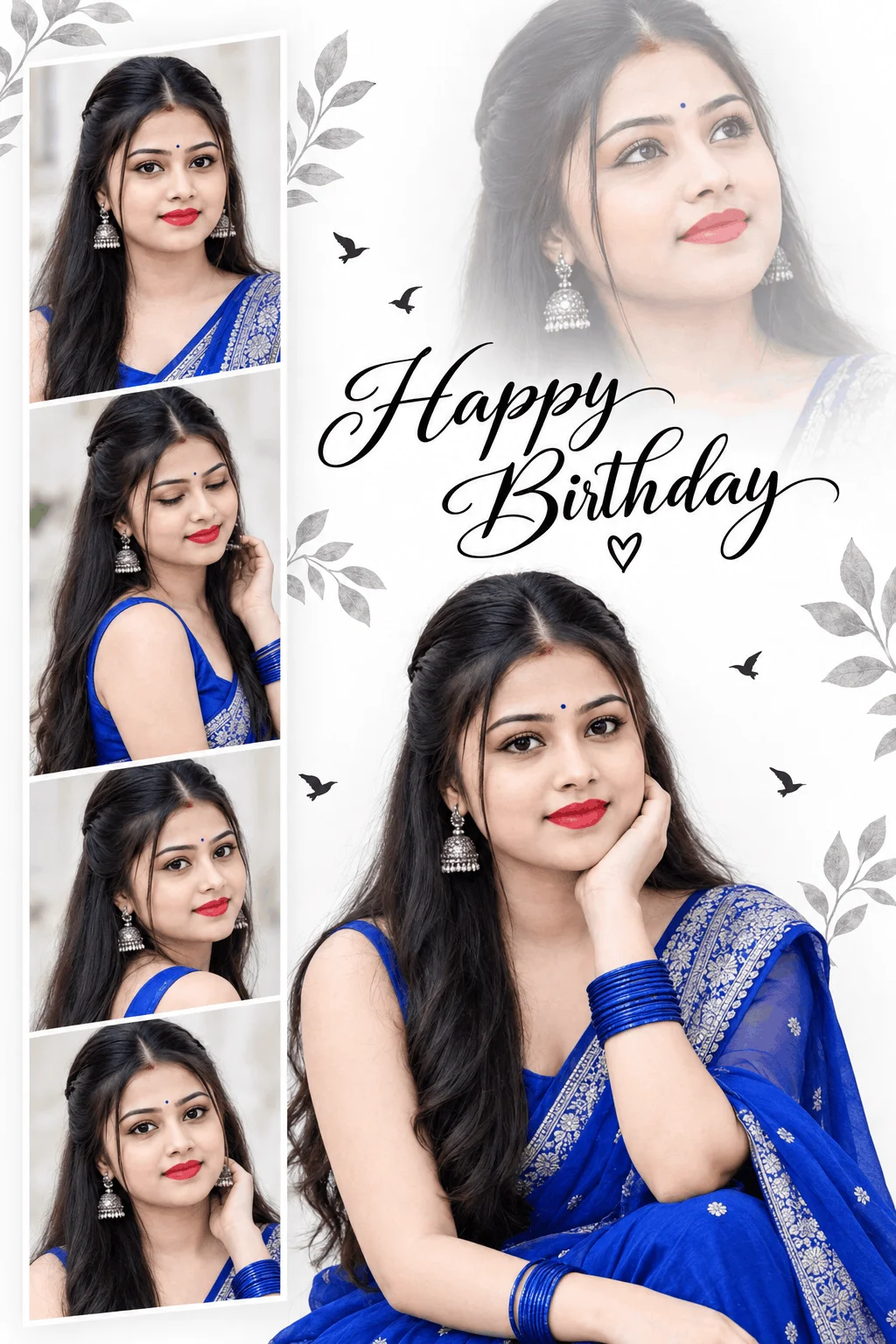 Birthday Photo Prompt with Royal Blue Saree Collage - AI prompt
