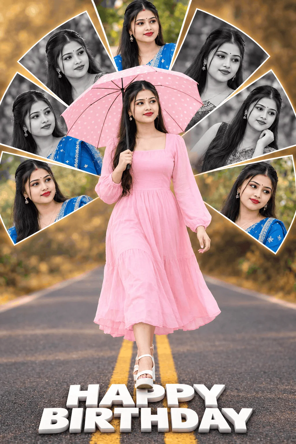 Birthday Photo Prompt with Pink Dress and Umbrella - AI prompt
