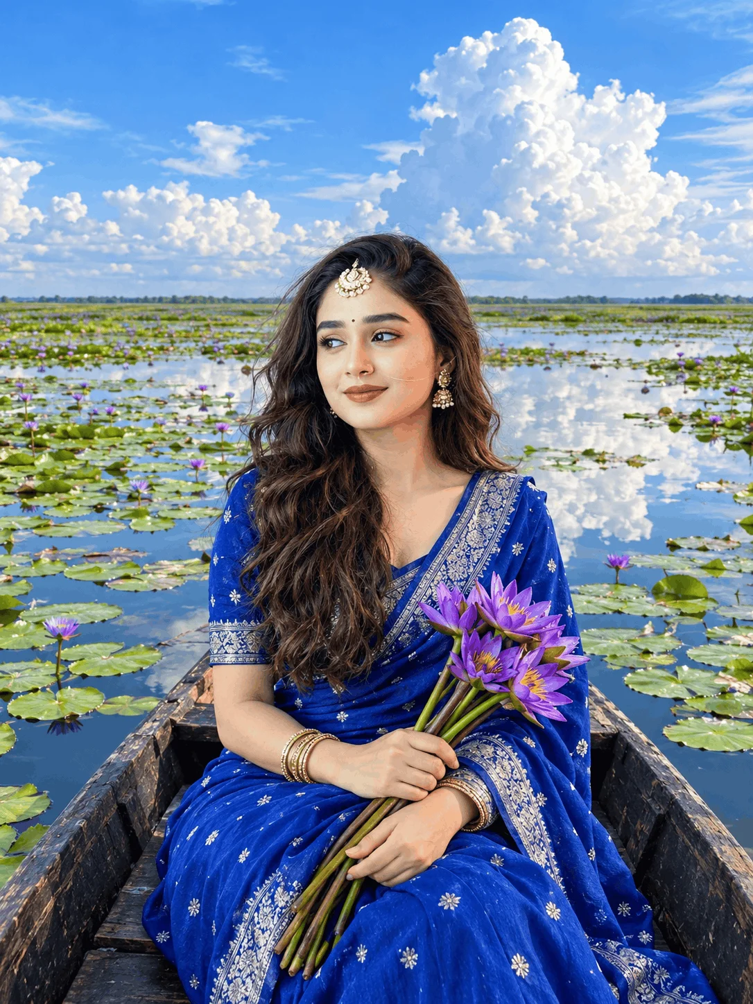 AI Portrait Prompt for a Royal Blue Saree on a Lake - AI prompt