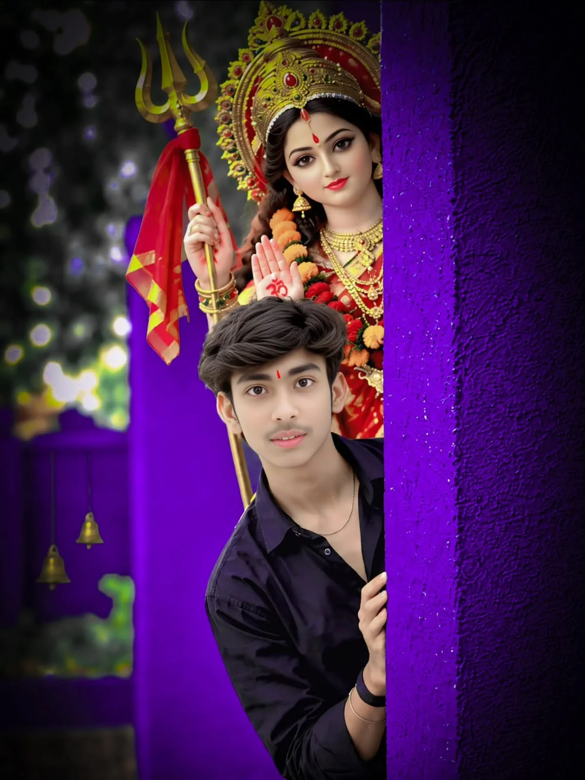 Goddess Durga AI Photo Prompt with Purple Temple Pillar - AI prompt