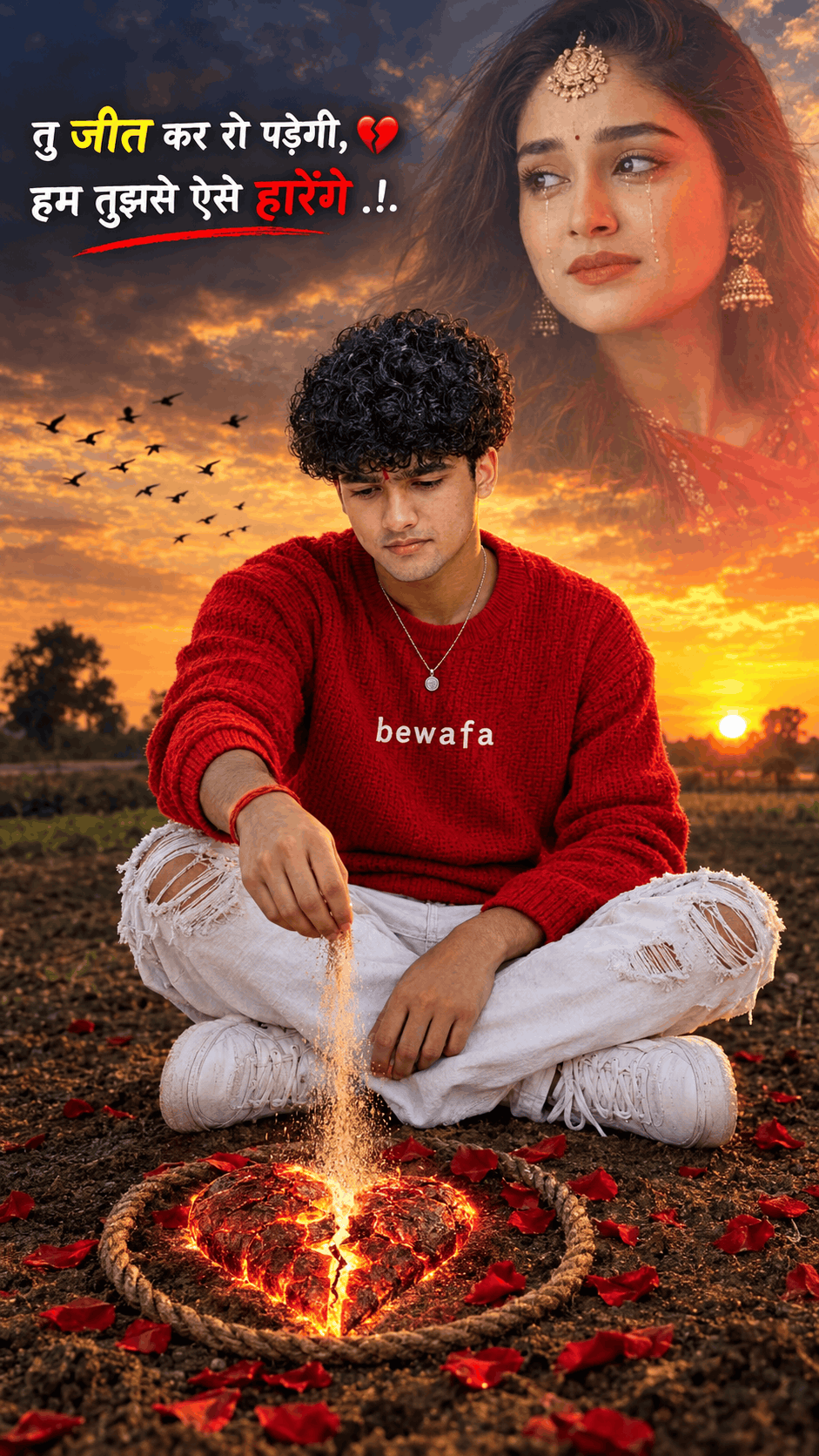 Heartbreak AI Portrait Prompt with Fiery Broken Heart