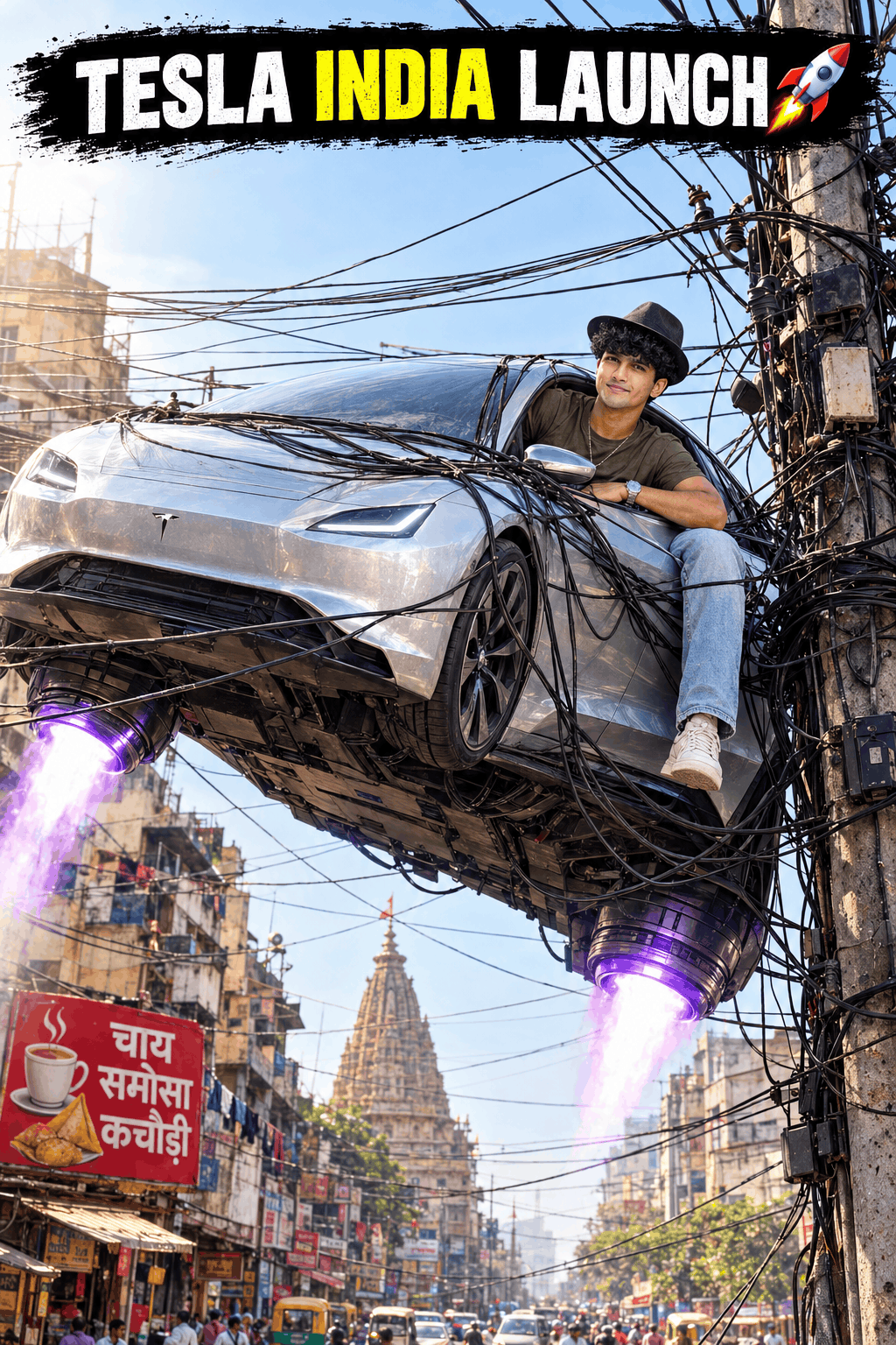 Futuristic AI Image Prompt Tesla Flying Car in India