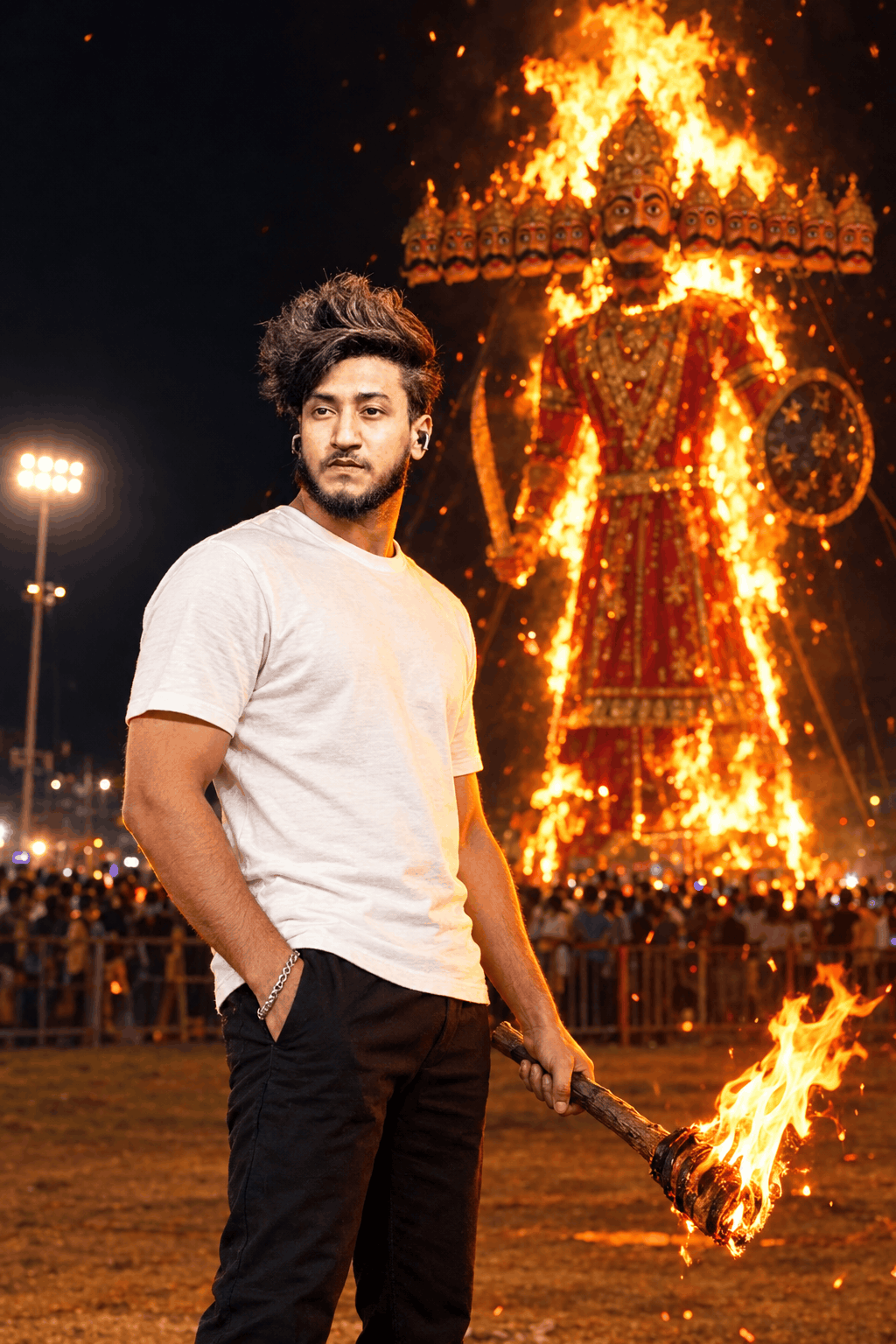 Realistic Dussehra AI Portrait Prompt with Fiery Ravan Dahan