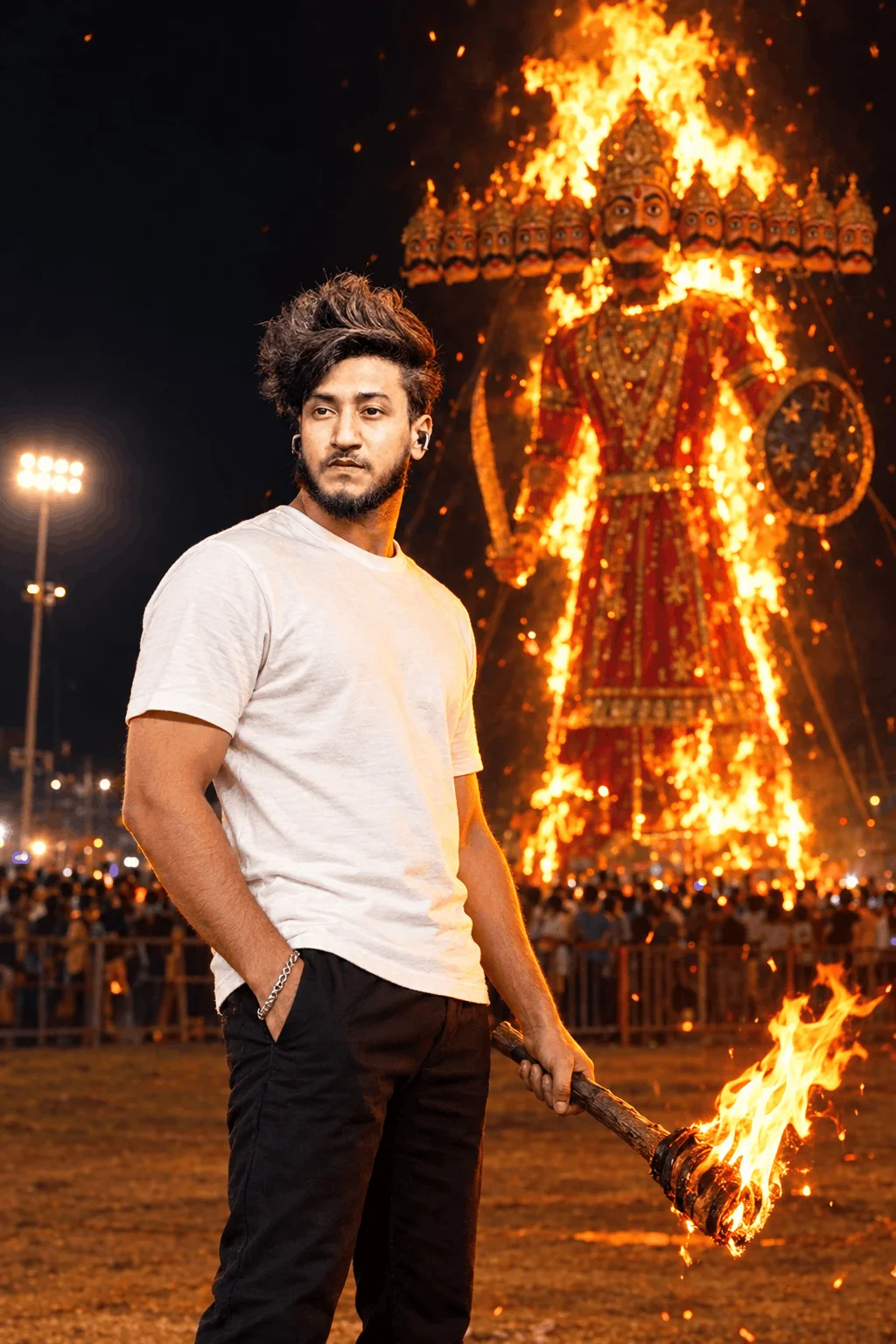 Realistic Dussehra AI Portrait Prompt with Fiery Ravan Dahan - AI prompt