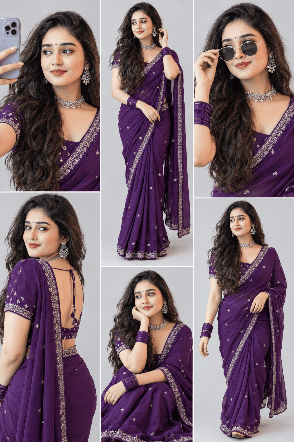 AI Saree Portrait Prompt for a Purple Silver Fashion Shoot