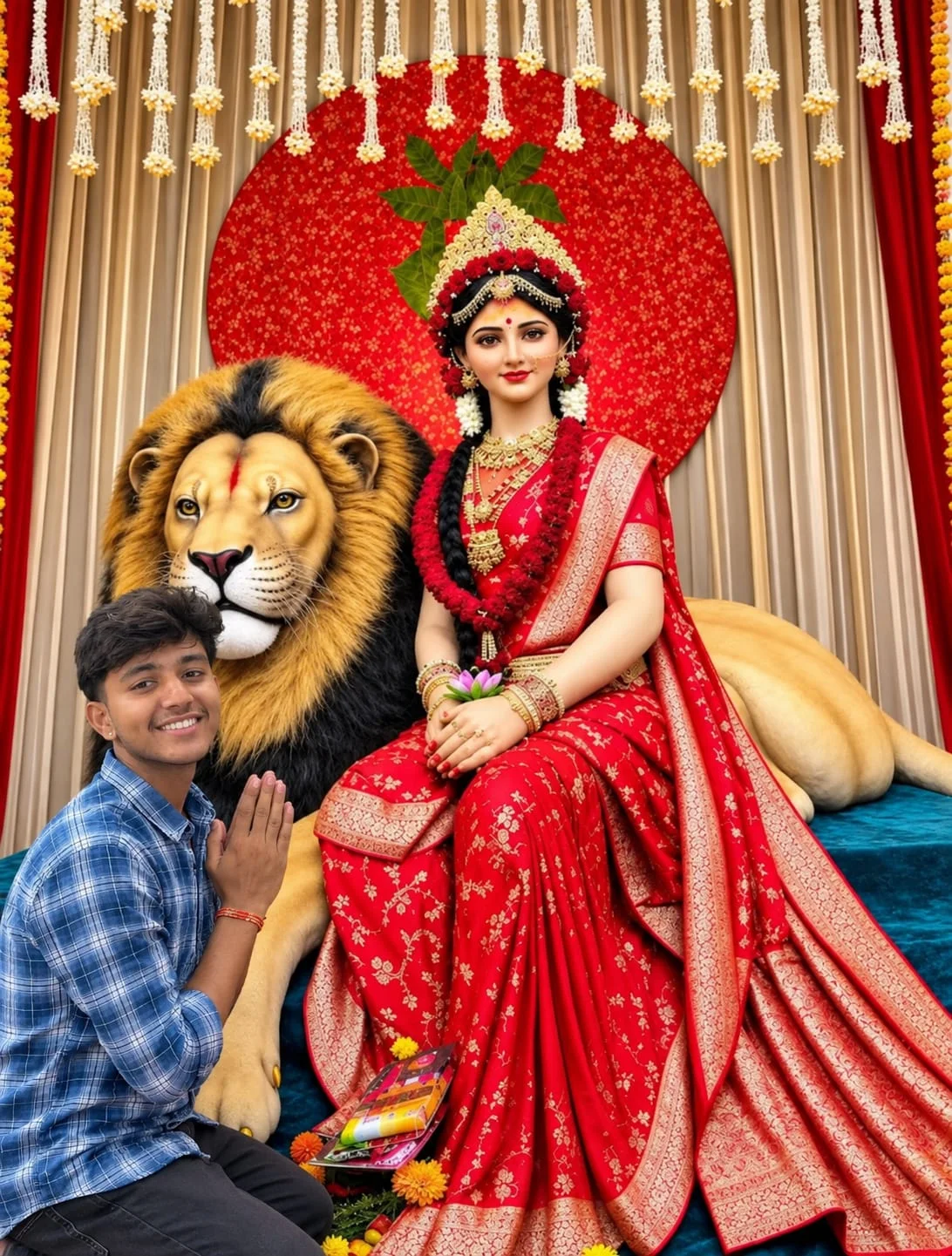 Realistic Durga Puja AI Photo Prompt with Red and Gold Decor - AI prompt