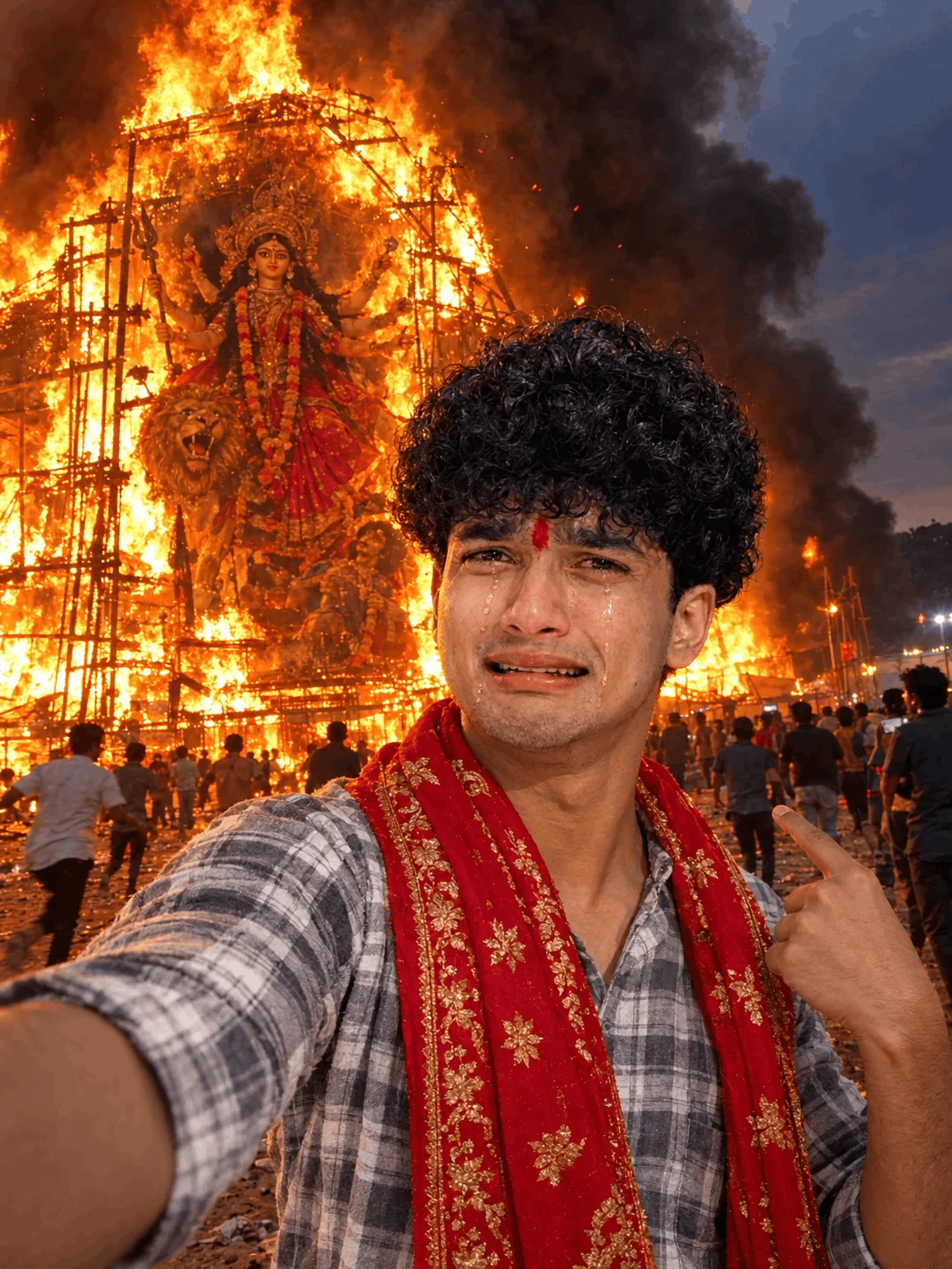 AI Portrait Prompt: Tearful Selfie at Burning Durga Pandal - AI prompt