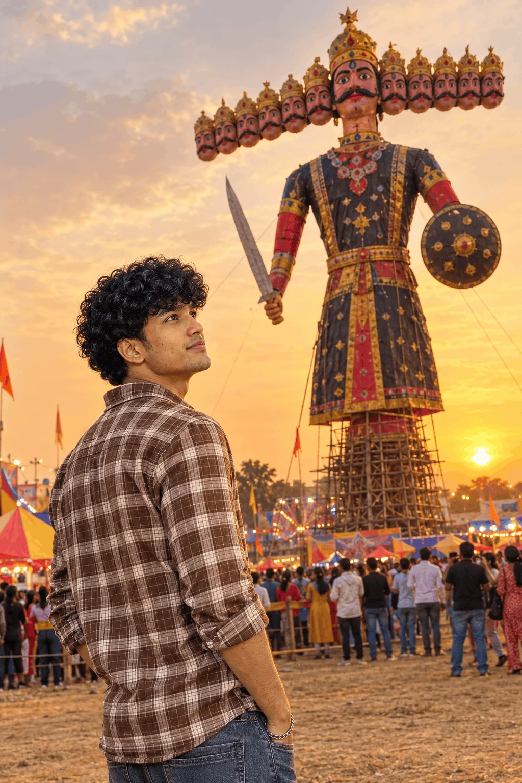 Dussehra AI Photo Prompt with Giant Ravana at Sunset - AI prompt
