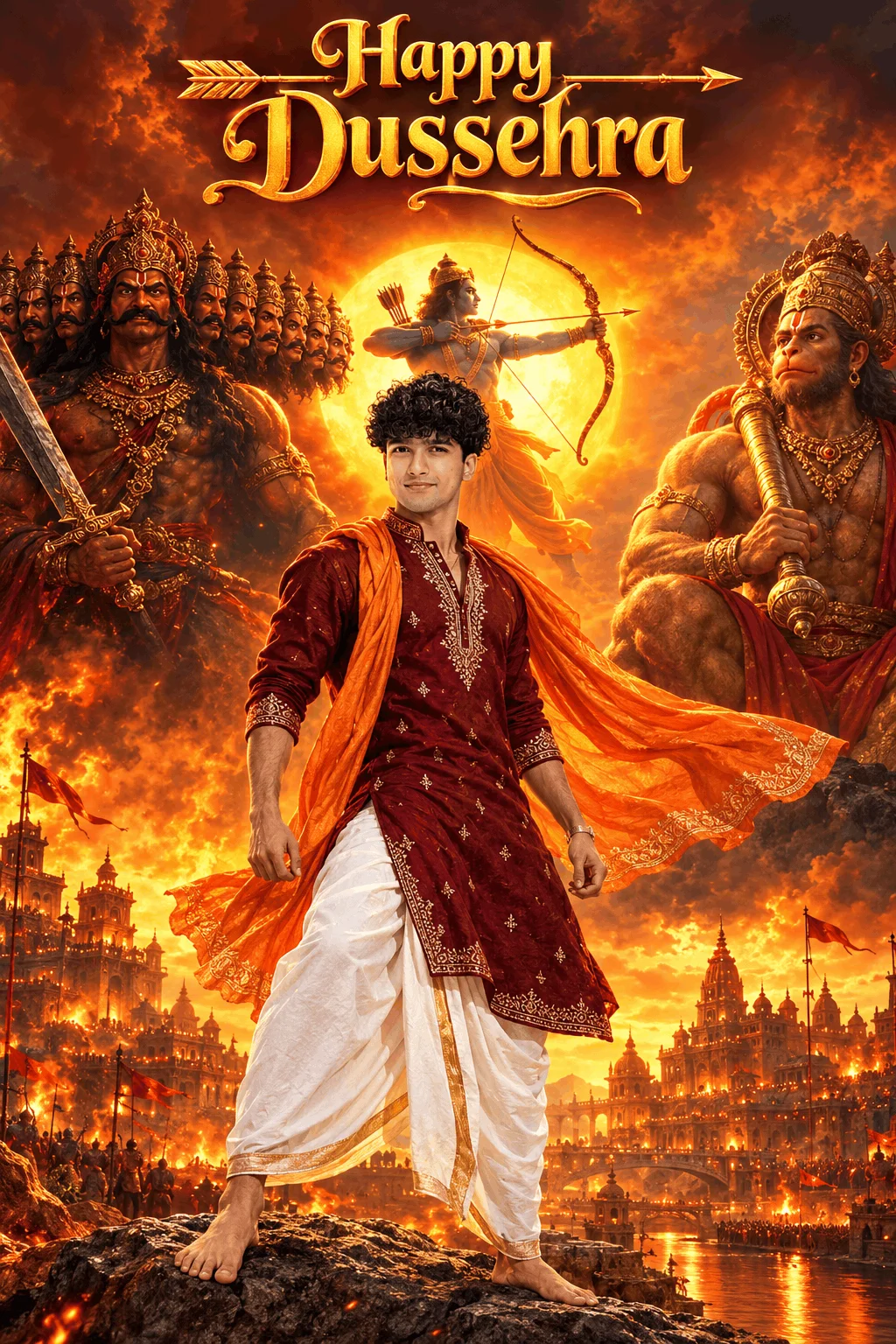 Dussehra AI Poster Prompt with Golden Text and Epic Ramayana Scene - AI prompt