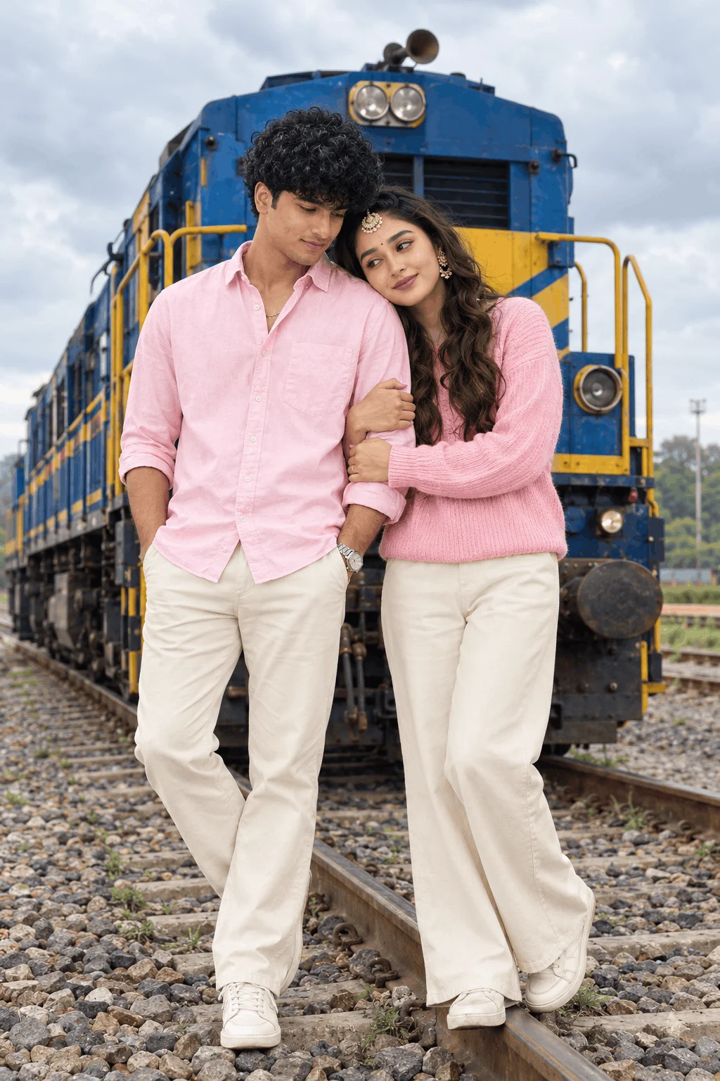 Realistic Couple Photo Prompt with Blue Yellow Train - AI prompt